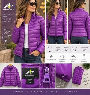 Athletech Women’s Large Purple Puffer Jacket Lightweight Full Zip Quilted